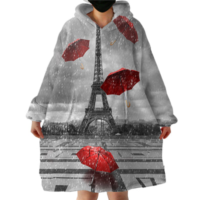 Eiffel Tower Red Umbrella Hoodie Blanket