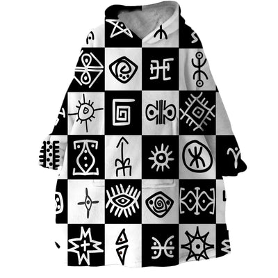 Black and White Aztec Symbols Hoodie Blanket